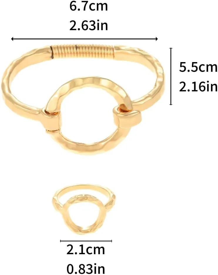 16K Gold Heart Bracelet Ring Set for Women, Cuff Bangle Irregular Bracelet Wide Chunky Heart Adjustable Buckle Bracelets for Women