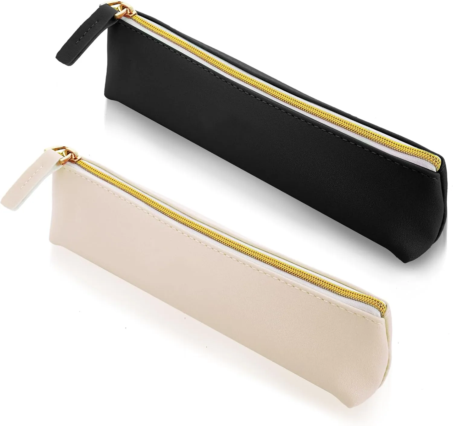2 Pcs Small Leather Makeup Bag for Purse, Portable Small Cosmetic Bag-Mini Makeup Bag with Zipper Soft Leather Pencil Case for Women (Beige, Black)