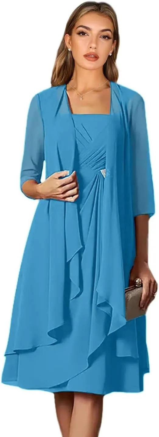 2 Piece Pleated Knee Length Chiffon Mother of The Bride Dresses with Jacket Beaded Formal Wedding Guest Gowns