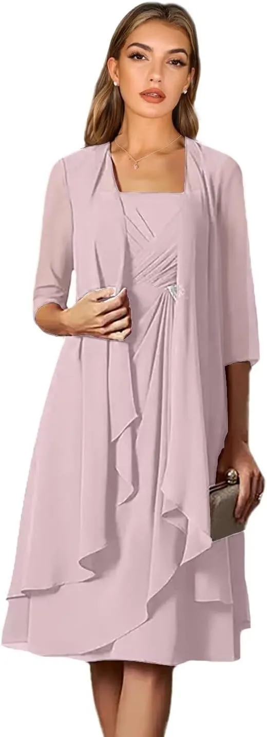 2 Piece Pleated Knee Length Chiffon Mother of The Bride Dresses with Jacket Beaded Formal Wedding Guest Gowns