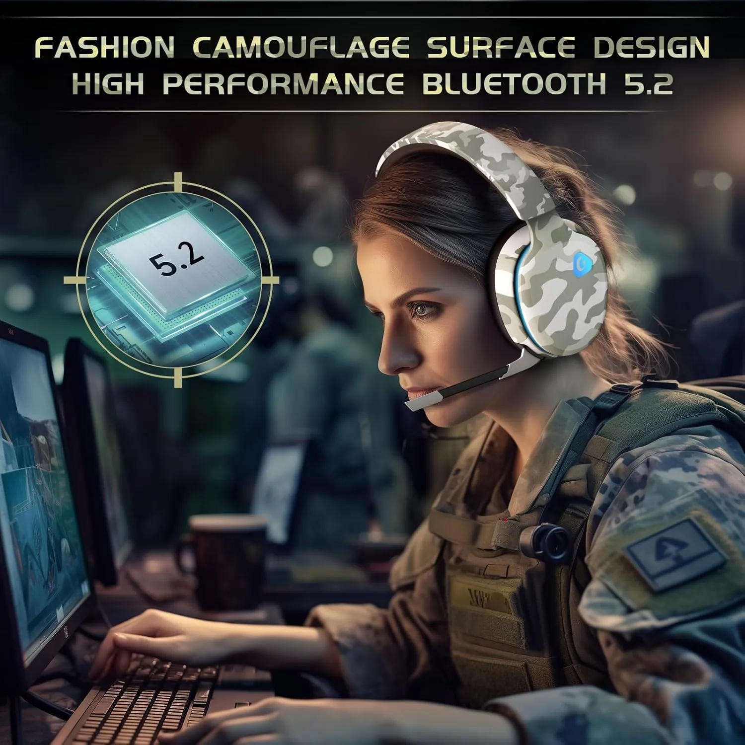 2.4GHz Wireless Gaming Headset for PS5, PS4 Fortnite & Call of Duty/FPS Gamers, PC, Nintendo Switch, Bluetooth 5.3 Gaming Headphones with Microphone for Computer, Mobile, Stereo Sound (Camo)