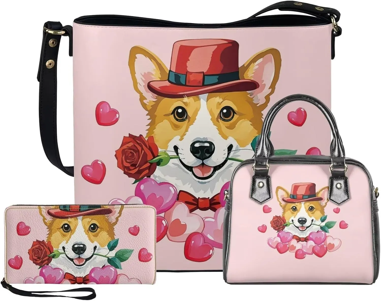 3 Piece Purse Set for Women Cute Shoulder Bags Handbags and Wallets Valentine's Day Tote Leather Hobo Bag