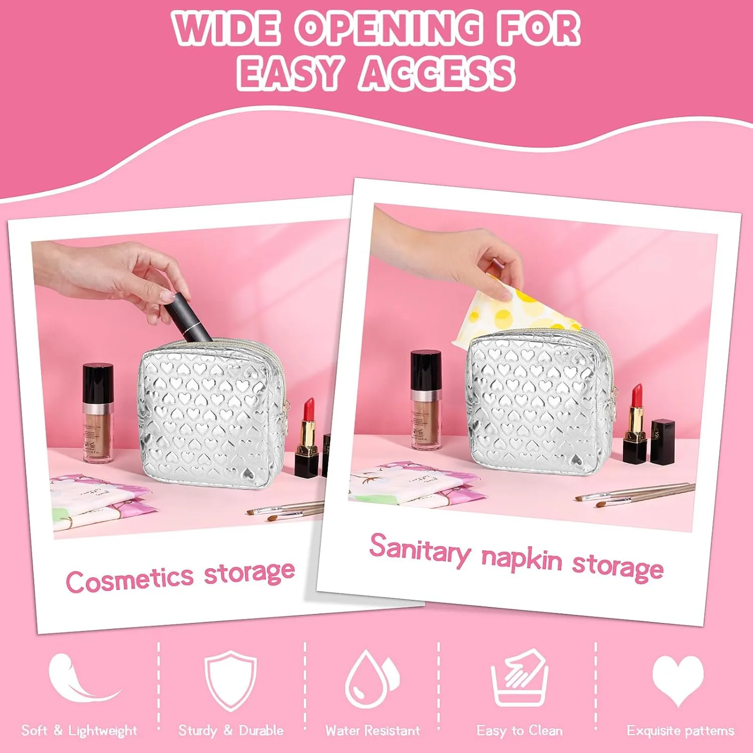 5.1" Mini Makeup Bag for Purse, Leather Small Makeup Pouch Travel Cosmetic Make up Bags for Women Girls, Cute Preppy Mini Toiletry Bag Coin Pouch Period Bag(3D Love Silver)