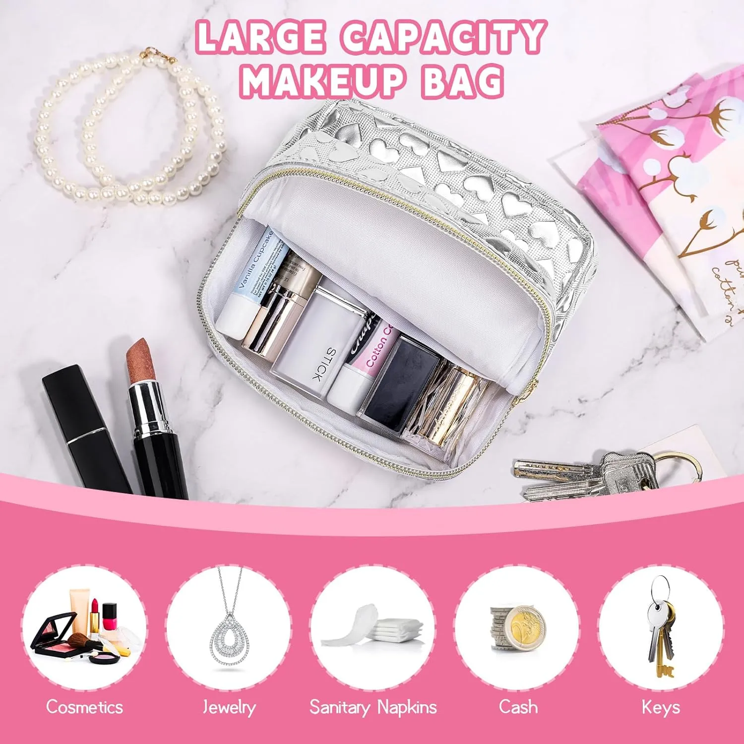5.1" Mini Makeup Bag for Purse, Leather Small Makeup Pouch Travel Cosmetic Make up Bags for Women Girls, Cute Preppy Mini Toiletry Bag Coin Pouch Period Bag(3D Love Silver)