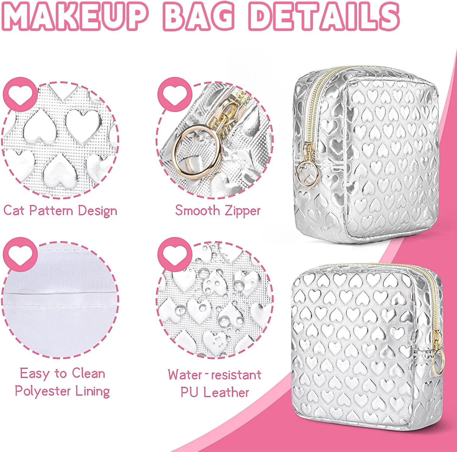 5.1" Mini Makeup Bag for Purse, Leather Small Makeup Pouch Travel Cosmetic Make up Bags for Women Girls, Cute Preppy Mini Toiletry Bag Coin Pouch Period Bag(3D Love Silver)