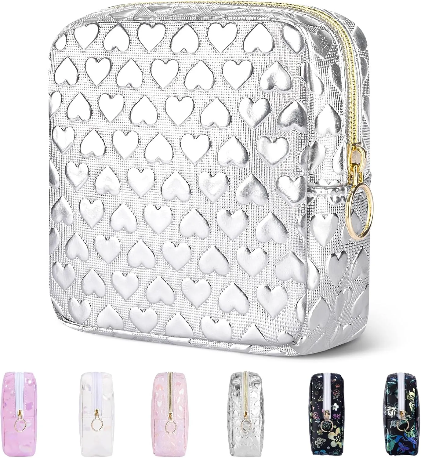 5.1" Mini Makeup Bag for Purse, Leather Small Makeup Pouch Travel Cosmetic Make up Bags for Women Girls, Cute Preppy Mini Toiletry Bag Coin Pouch Period Bag(3D Love Silver)