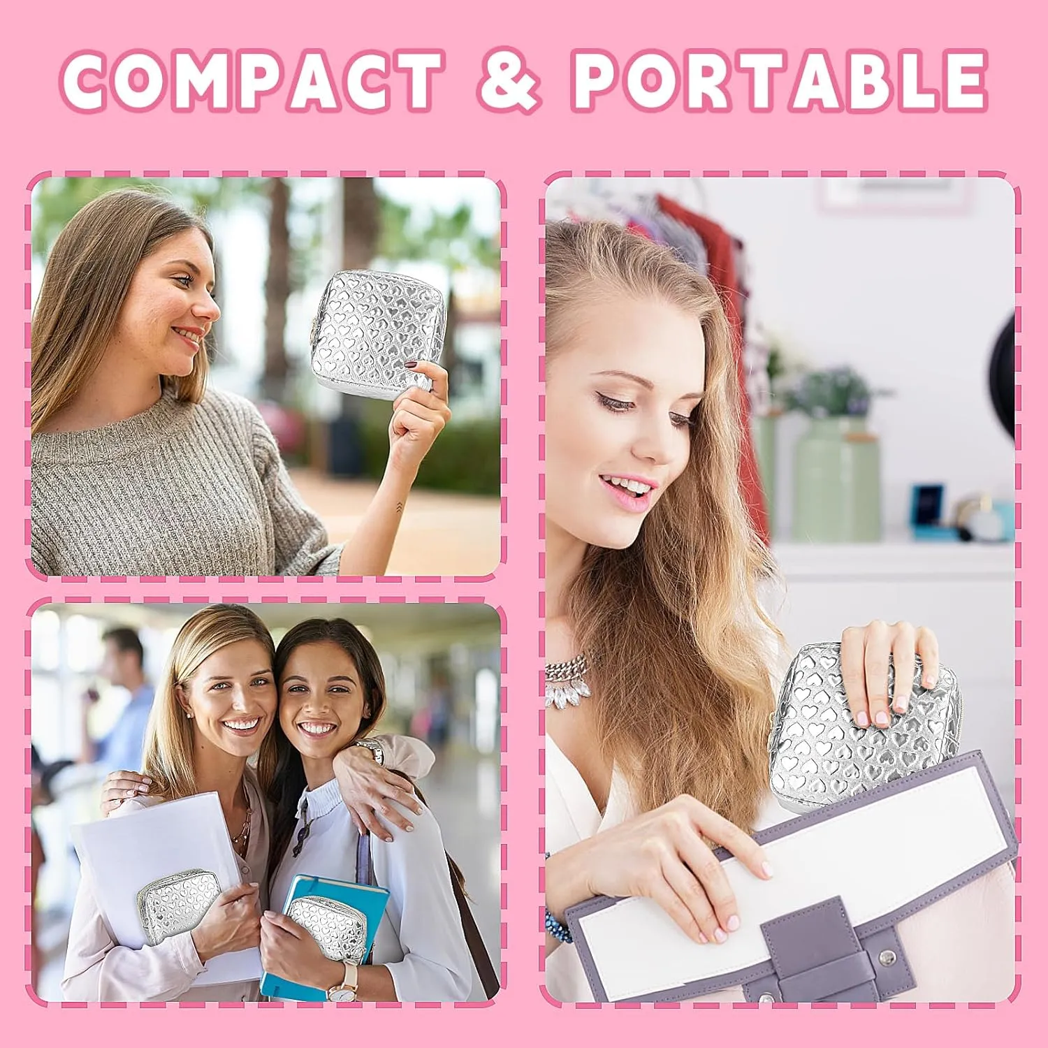 5.1" Mini Makeup Bag for Purse, Leather Small Makeup Pouch Travel Cosmetic Make up Bags for Women Girls, Cute Preppy Mini Toiletry Bag Coin Pouch Period Bag(3D Love Silver)