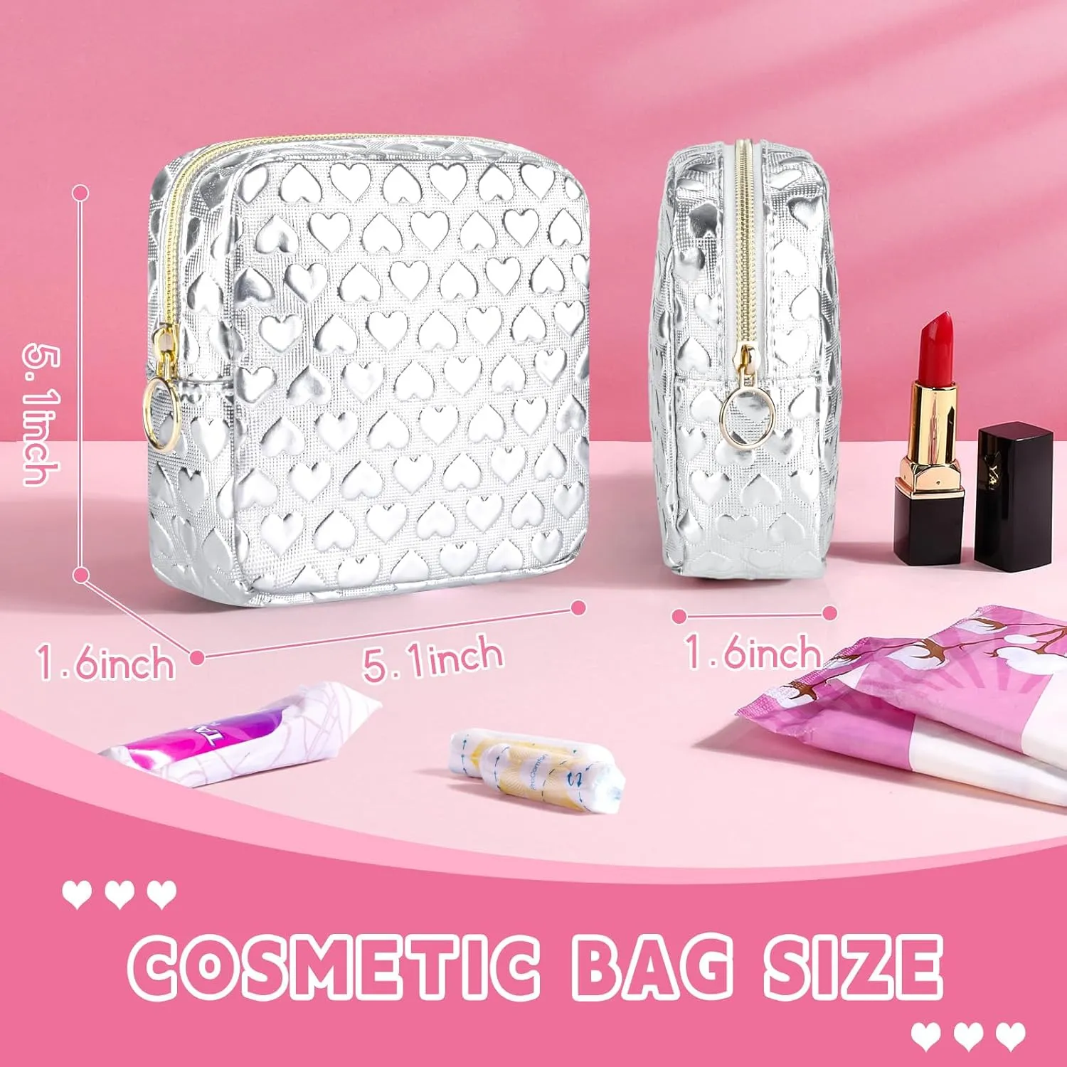 5.1" Mini Makeup Bag for Purse, Leather Small Makeup Pouch Travel Cosmetic Make up Bags for Women Girls, Cute Preppy Mini Toiletry Bag Coin Pouch Period Bag(3D Love Silver)