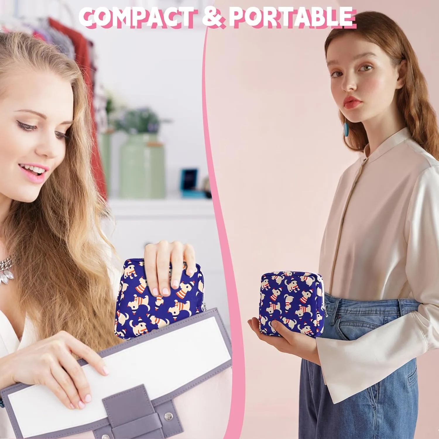 5.1" Mini Makeup Bag for Purse, Nylon Small Makeup Pouch Travel Cosmetic Make up Bags for Women Girls, Cute Preppy Mini Toiletry Bag Coin Pouch Period Bag(N0902 Blue)