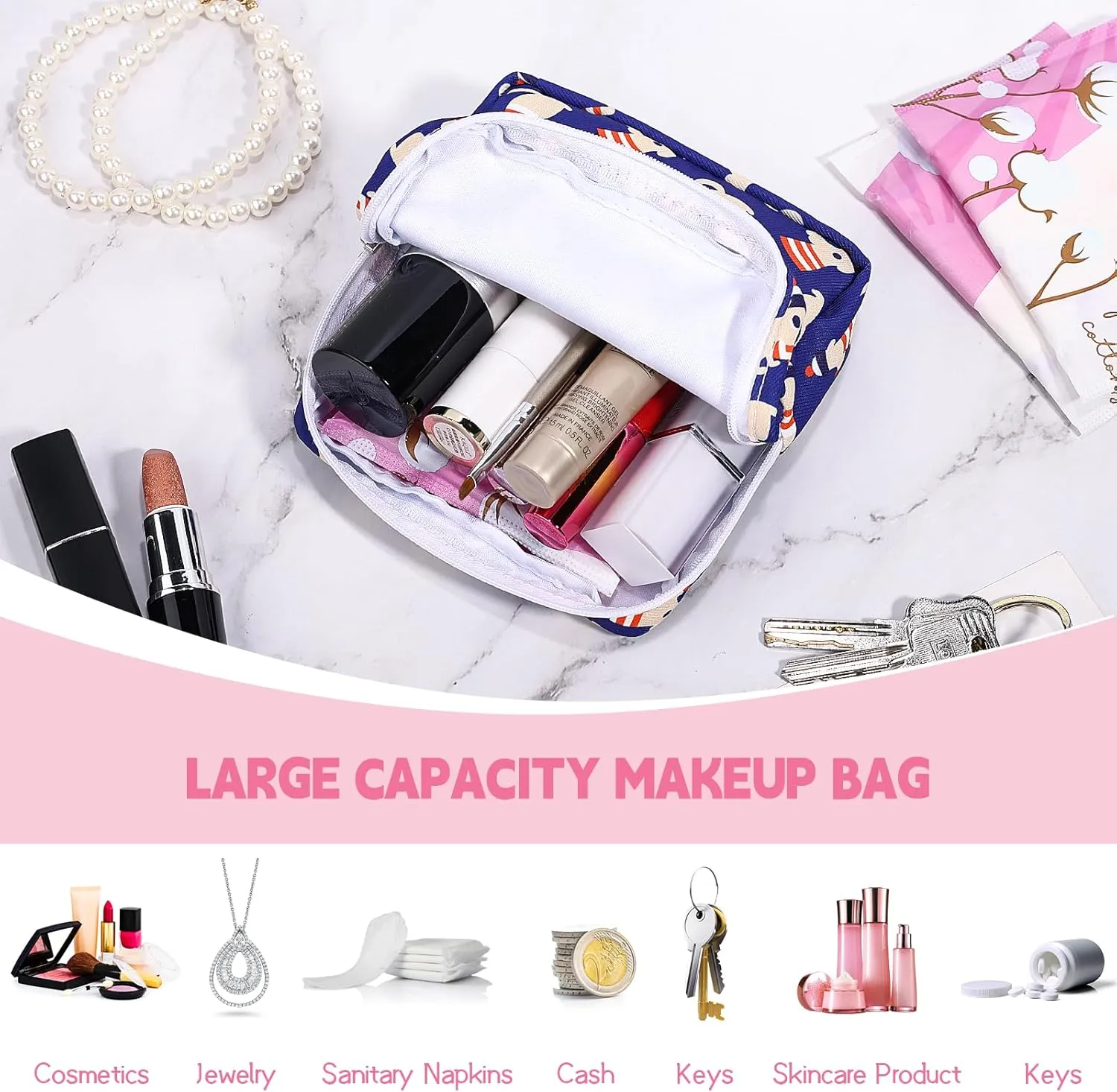 5.1" Mini Makeup Bag for Purse, Nylon Small Makeup Pouch Travel Cosmetic Make up Bags for Women Girls, Cute Preppy Mini Toiletry Bag Coin Pouch Period Bag(N0902 Blue)