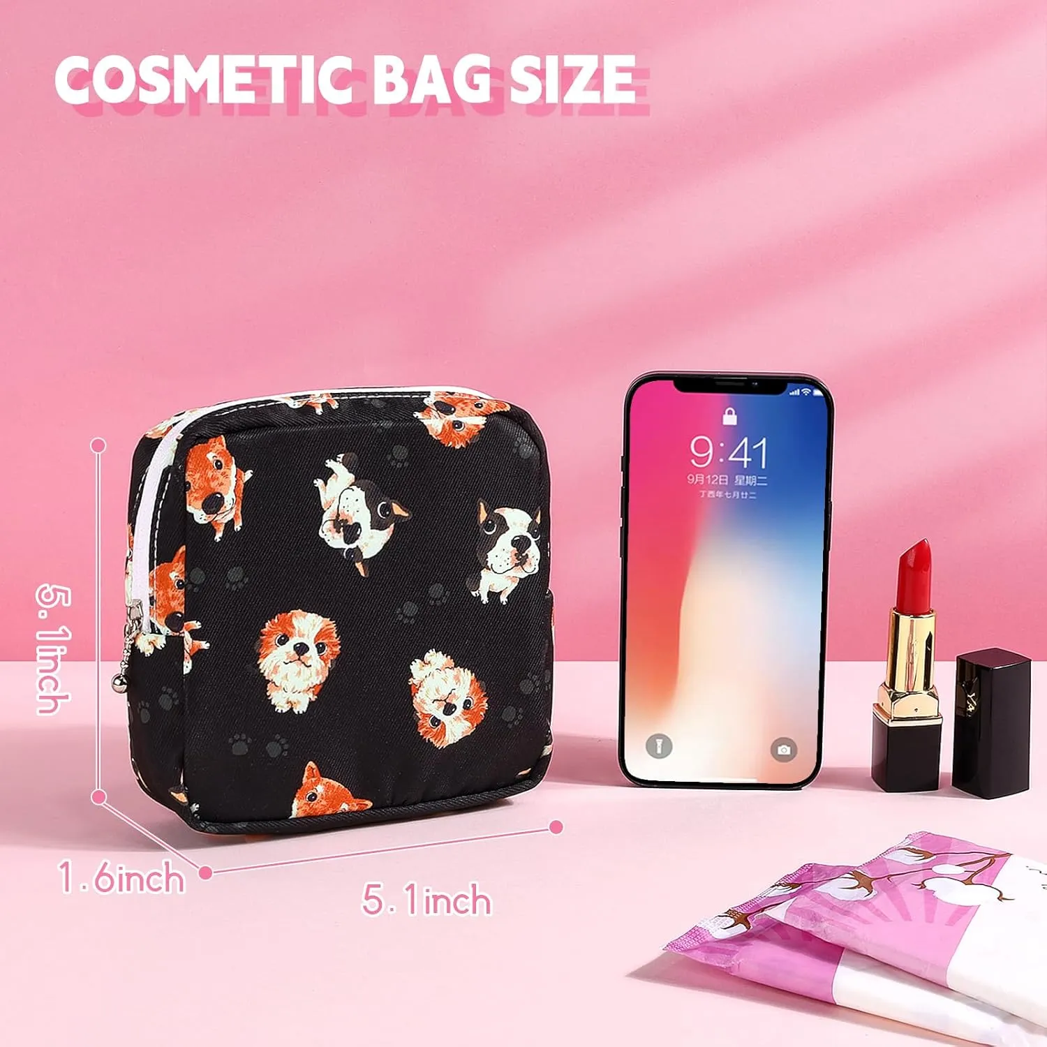 5.1" Mini Makeup Bag for Purse, Nylon Small Makeup Pouch Travel Cosmetic Make up Bags for Women Girls, Cute Preppy Mini Toiletry Bag Coin Pouch Period Bag(N1230 Black)
