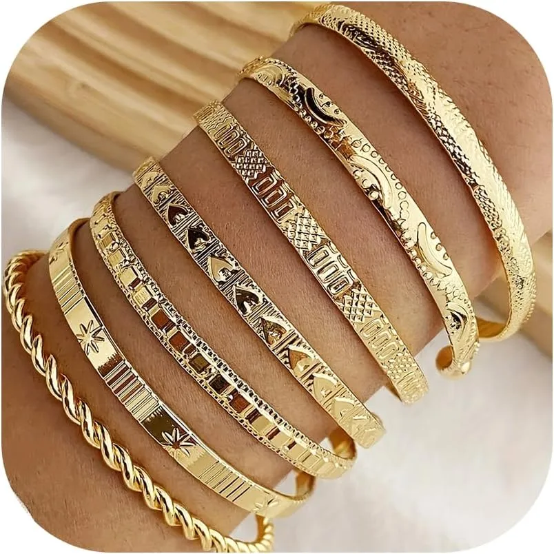 7Pcs Gold Bangle Bracelets Set for Women - Multi Layer Stackable Textured Bracelets Indian Cuff Bangles Boho Jewelry Set