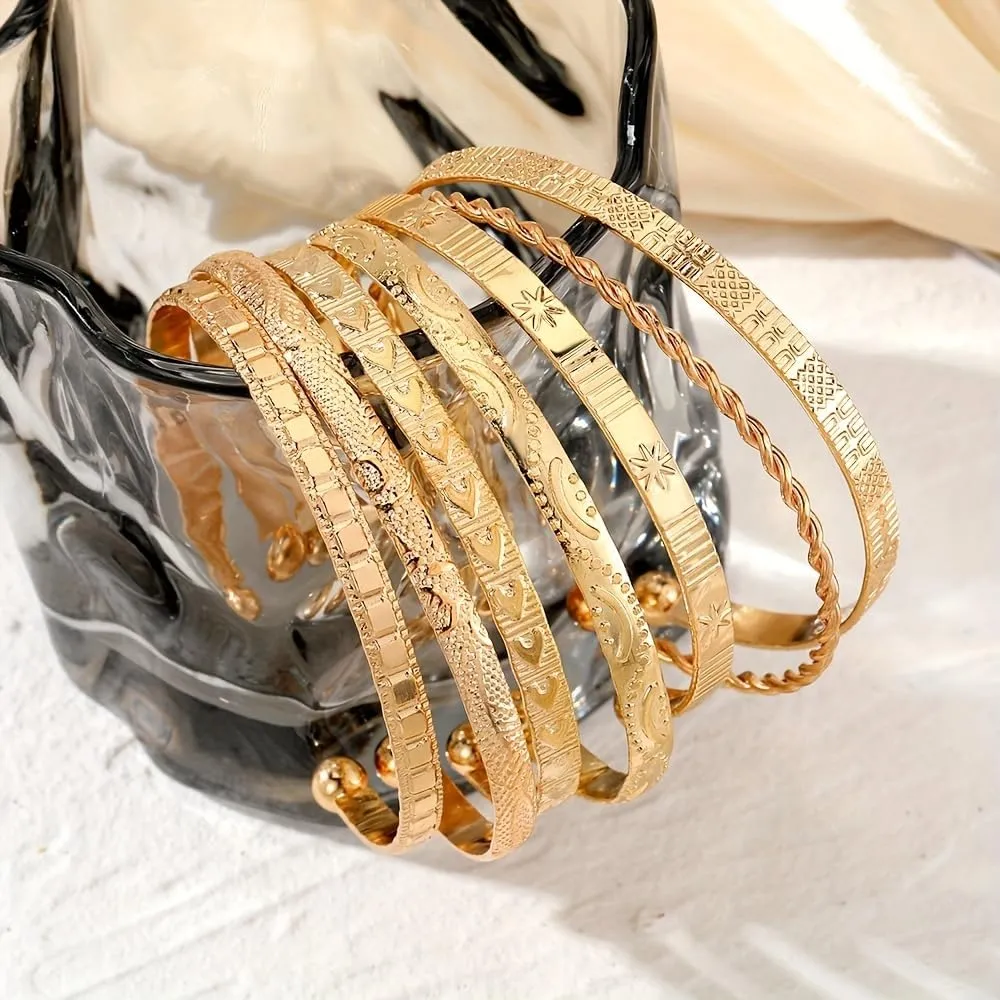 7Pcs Gold Bangle Bracelets Set for Women - Multi Layer Stackable Textured Bracelets Indian Cuff Bangles Boho Jewelry Set