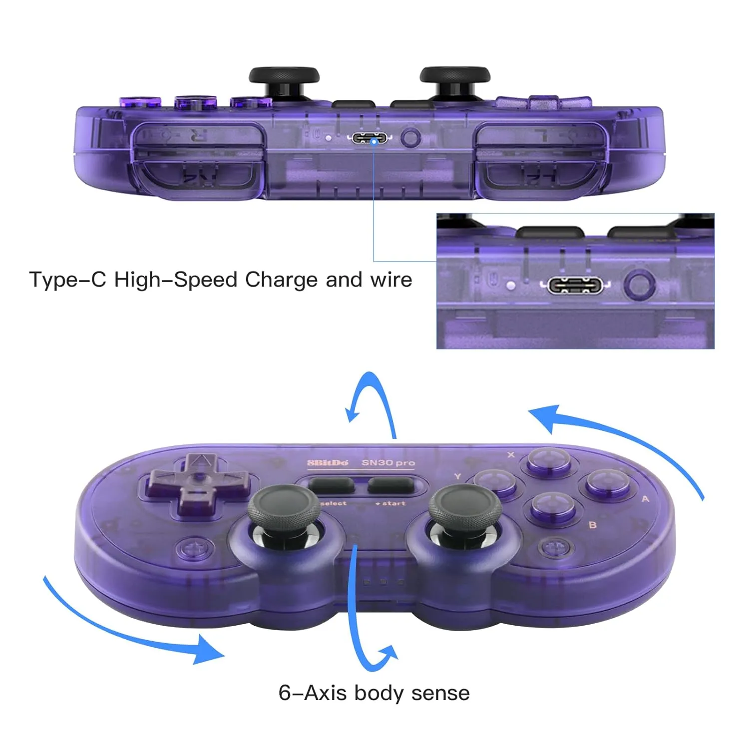 8Bitdo SN30 Pro Wireless Bluetooth Controller (Hall Effect Joystick Update) with Joysticks Rumble Vibration USB-C Cable Gamepad Compatible with Switch,Windows, Mac OS, Android, Steam (Crystal Purple)