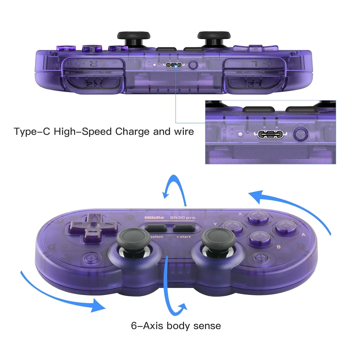 8Bitdo SN30 Pro Wireless Bluetooth Controller (Hall Effect Joystick Update) with Joysticks Rumble Vibration USB-C Cable Gamepad Compatible with Switch,Windows, Mac OS, Android, Steam (Crystal Purple)