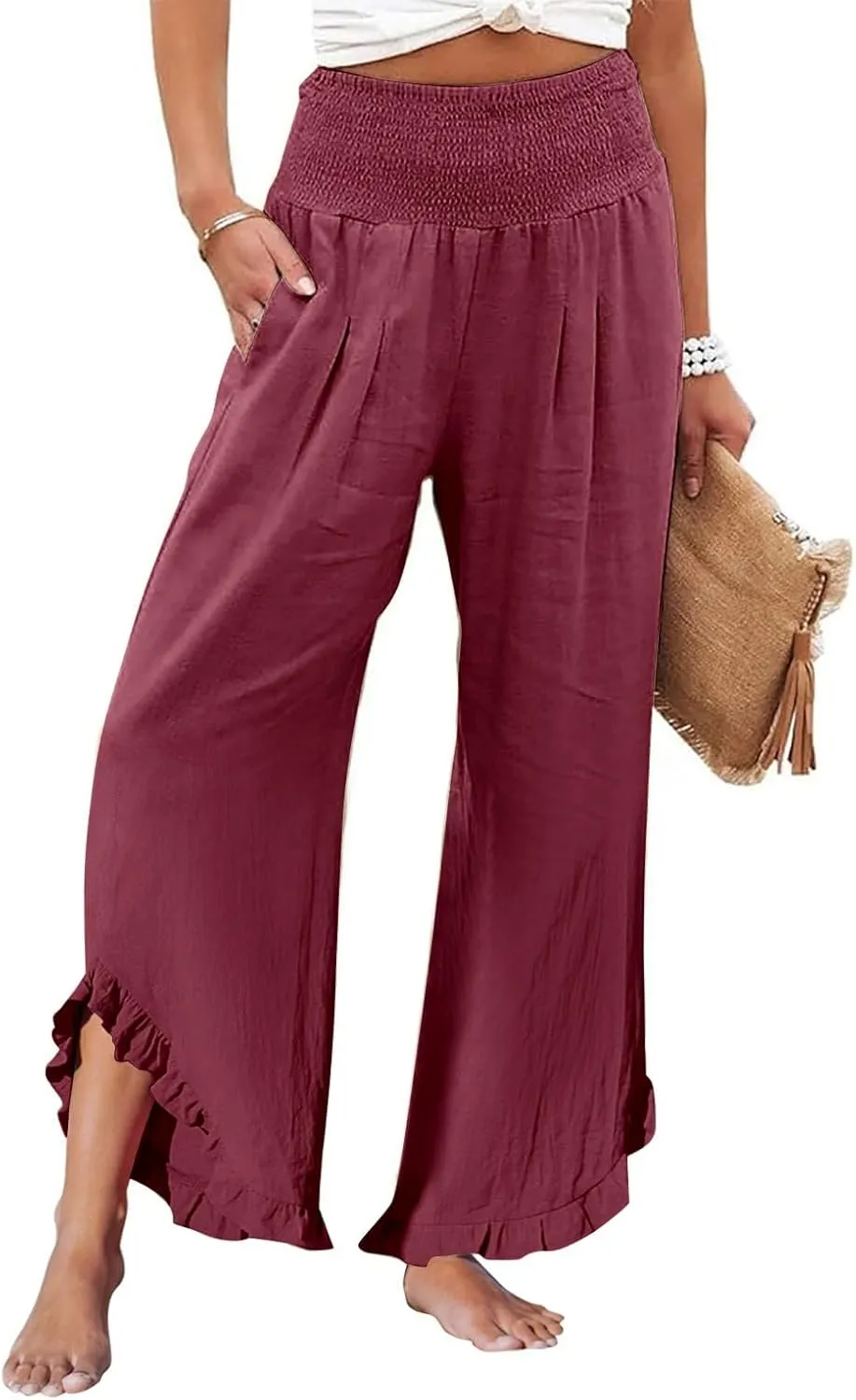 ADHOWBEW Womens Linen Pants with Pockets Lounge Flowy Work Casual High Waisted Dressy Cotton Plus Size Summer Pants