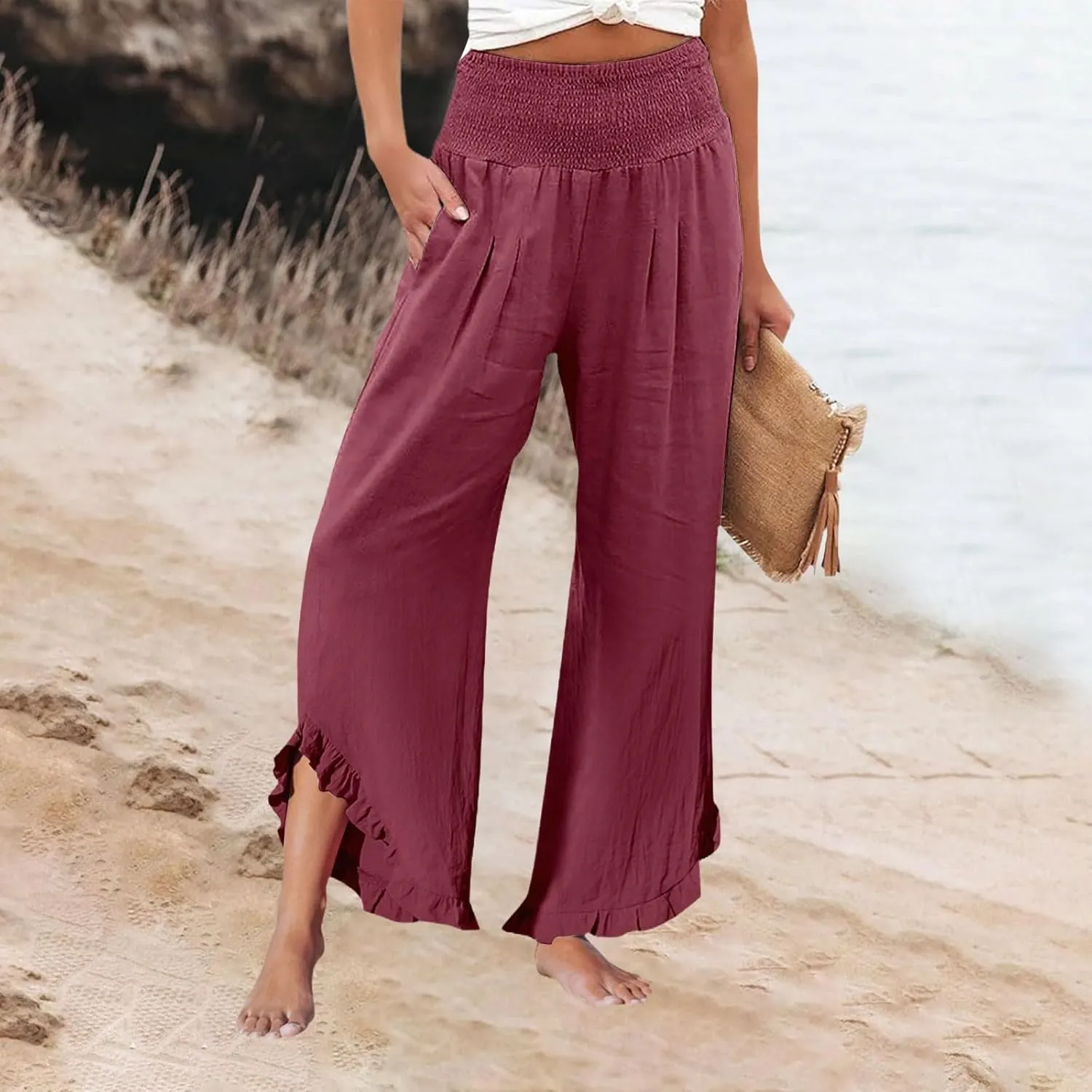 ADHOWBEW Womens Linen Pants with Pockets Lounge Flowy Work Casual High Waisted Dressy Cotton Plus Size Summer Pants