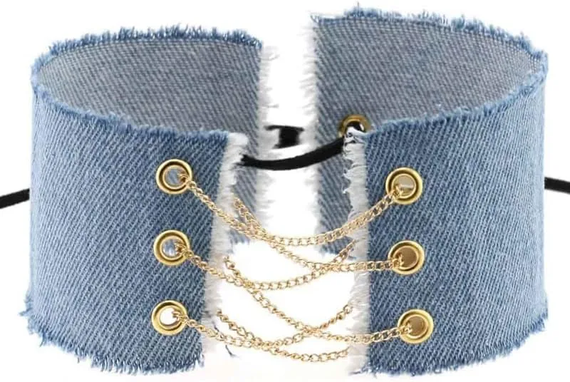 Adjustable Women Denim Choker Necklace Handmade Costume Cosplay Nightclub Punk Chain Neck Collar Choker
