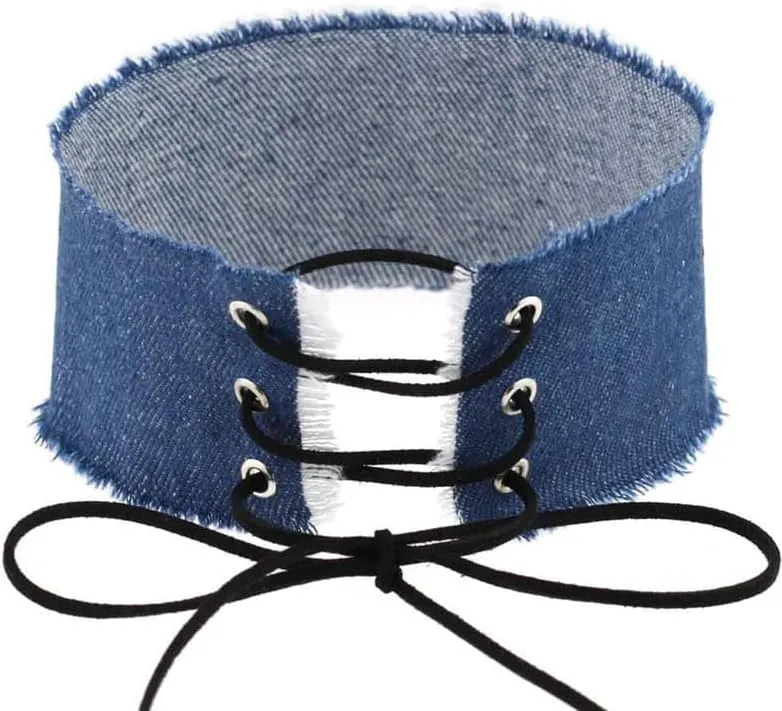 Adjustable Women Wide Denim Choker Necklace Handmade Costume Cosplay Nightclub Punk Neck Collar Choker