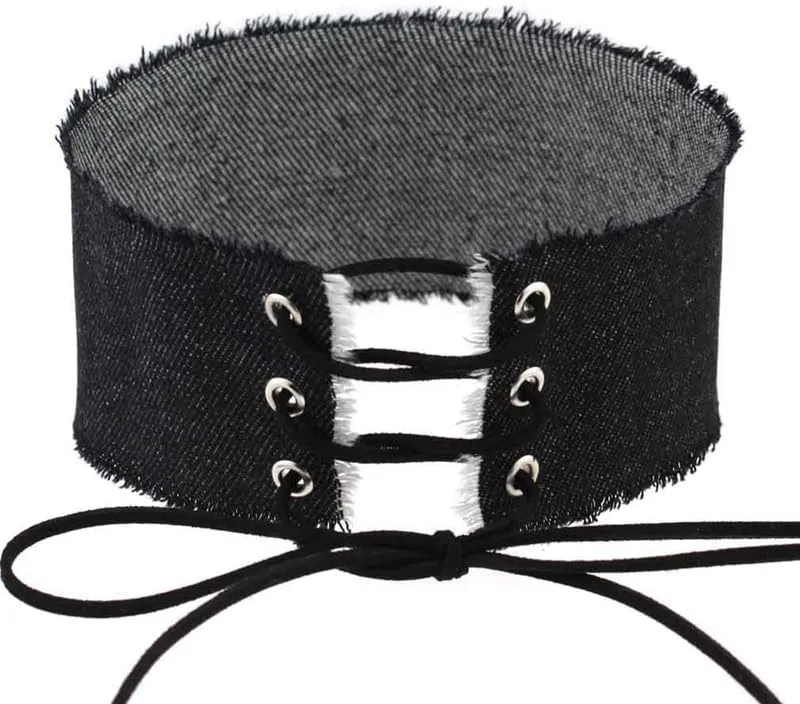 Adjustable Women Wide Denim Choker Necklace Handmade Costume Cosplay Nightclub Punk Neck Collar Choker