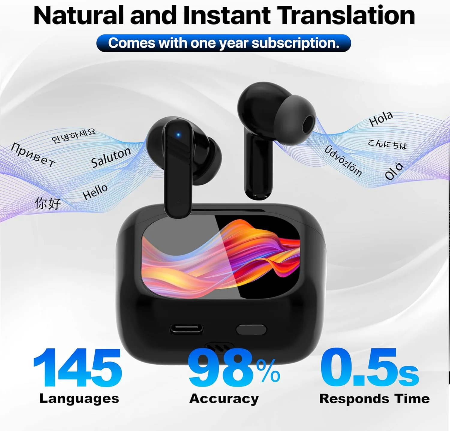 AI LCD Real Time Language Translator Earbuds, AI Language Translator Earphone 3-in-1 Accents & Long Battery Life Translation Earbuds TWS 144 Languages & 8 Offline for Travel Business(Black)