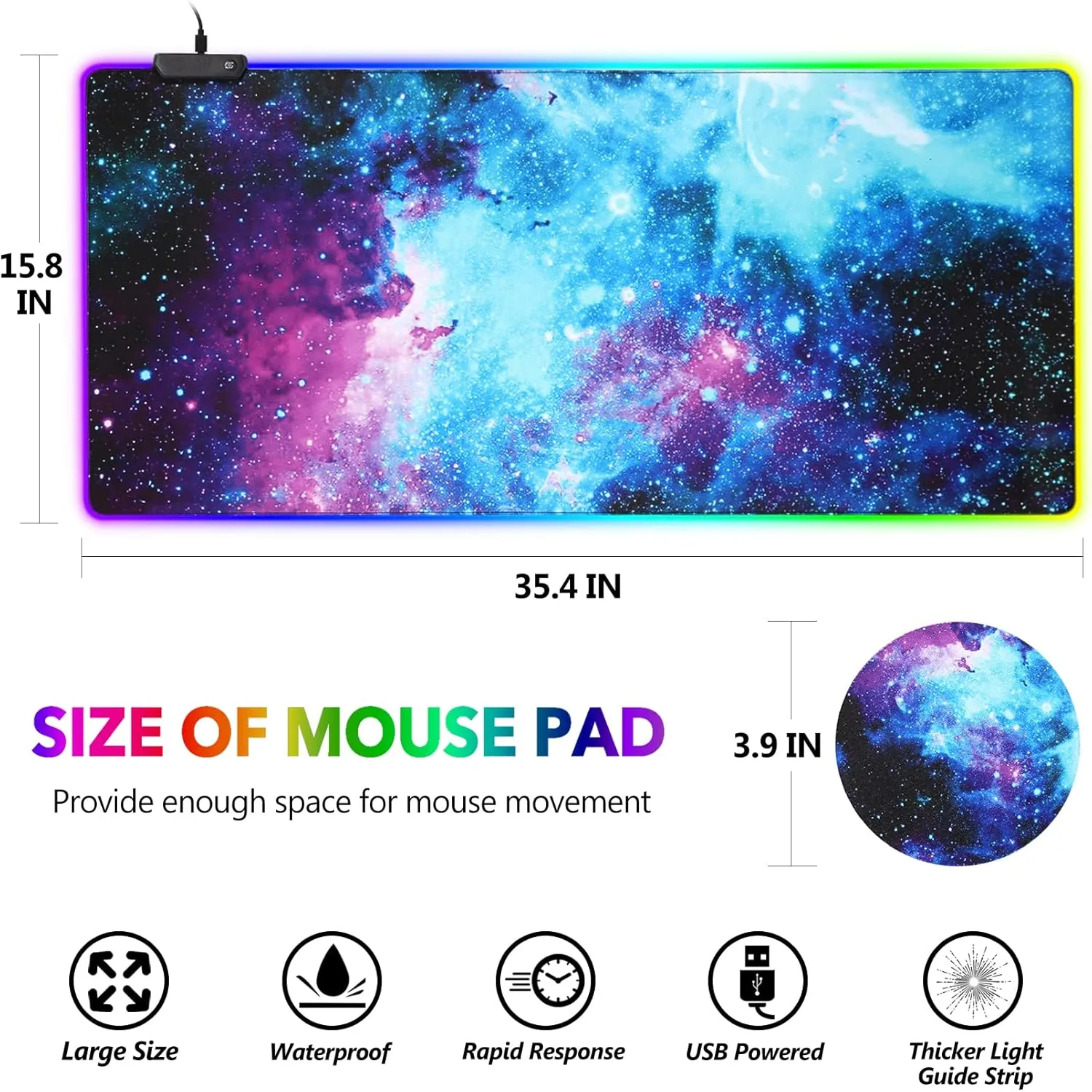 AIMSA RGB Gaming Mouse Pad Extended, Large Led Mousepads Non-Slip Rubber Base with 14 Lighting Modes, Computer Keyboard Mat Soft Desk pad Waterproof 35.4 x 15.8 inches, Galaxy Nebula Universe