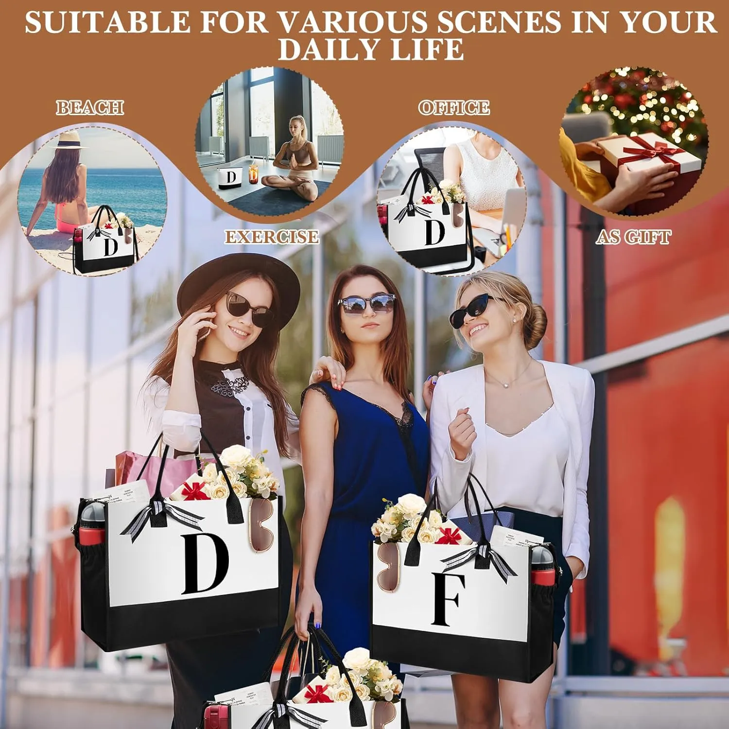 Aliceset Initial Gifts for Women Canvas Tote Bag Mother's Day Gift Shoulder Strap Pouch Makeup Bag Glass Cups for Employee(Letter D)