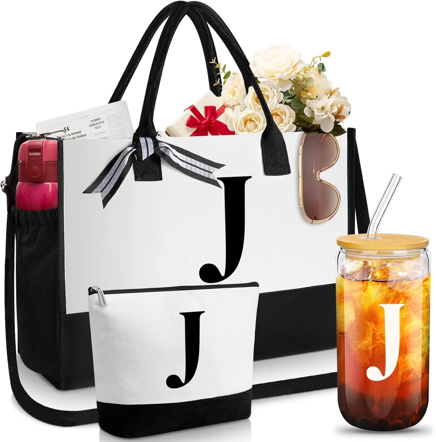 Aliceset Initial Gifts for Women Canvas Tote Bag Mother's Day Gift Shoulder Strap Pouch Makeup Bag Glass Cups for Employee(Letter J)