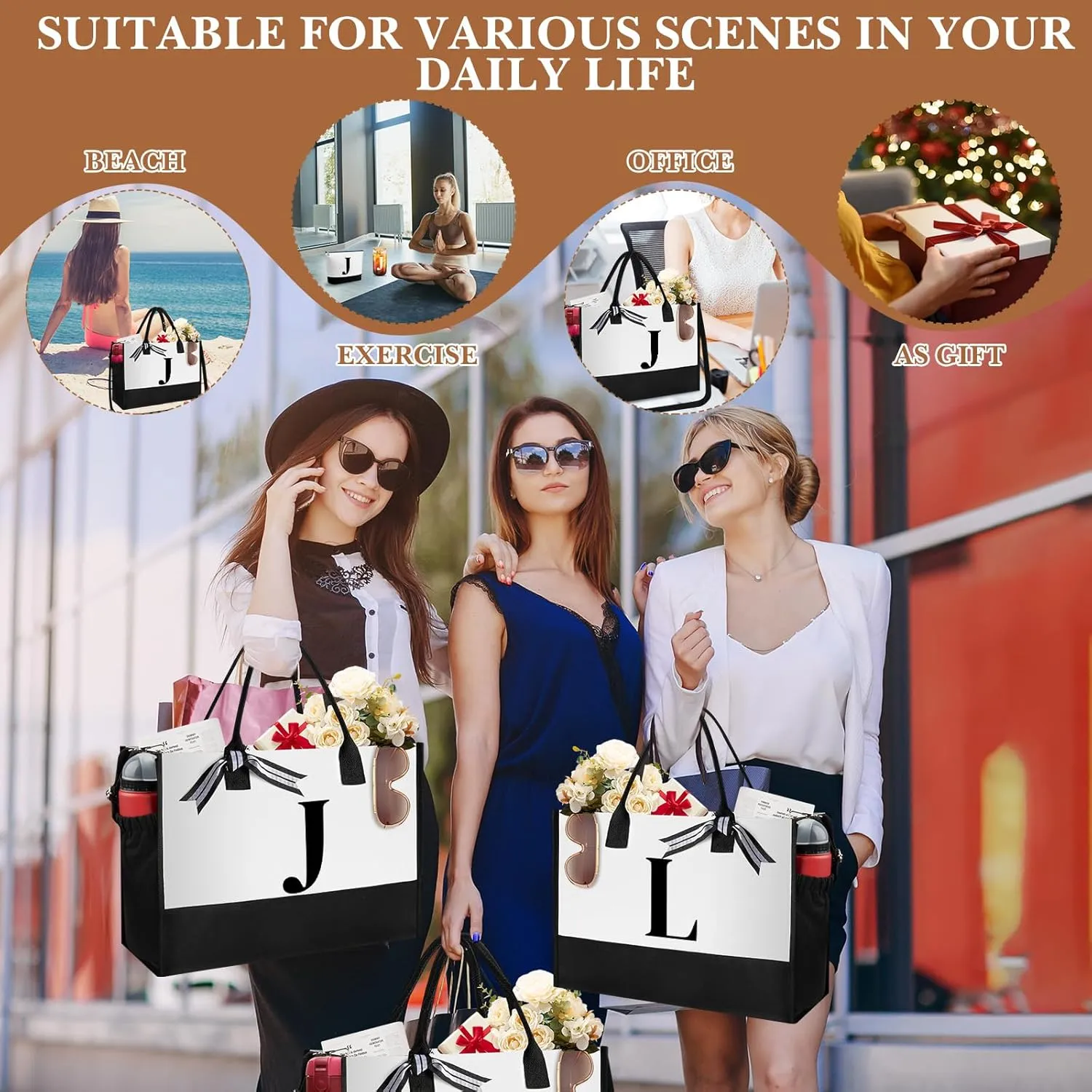 Aliceset Initial Gifts for Women Canvas Tote Bag Mother's Day Gift Shoulder Strap Pouch Makeup Bag Glass Cups for Employee(Letter J)