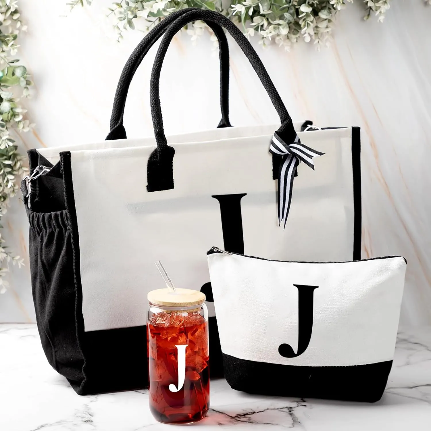 Aliceset Initial Gifts for Women Canvas Tote Bag Mother's Day Gift Shoulder Strap Pouch Makeup Bag Glass Cups for Employee(Letter J)