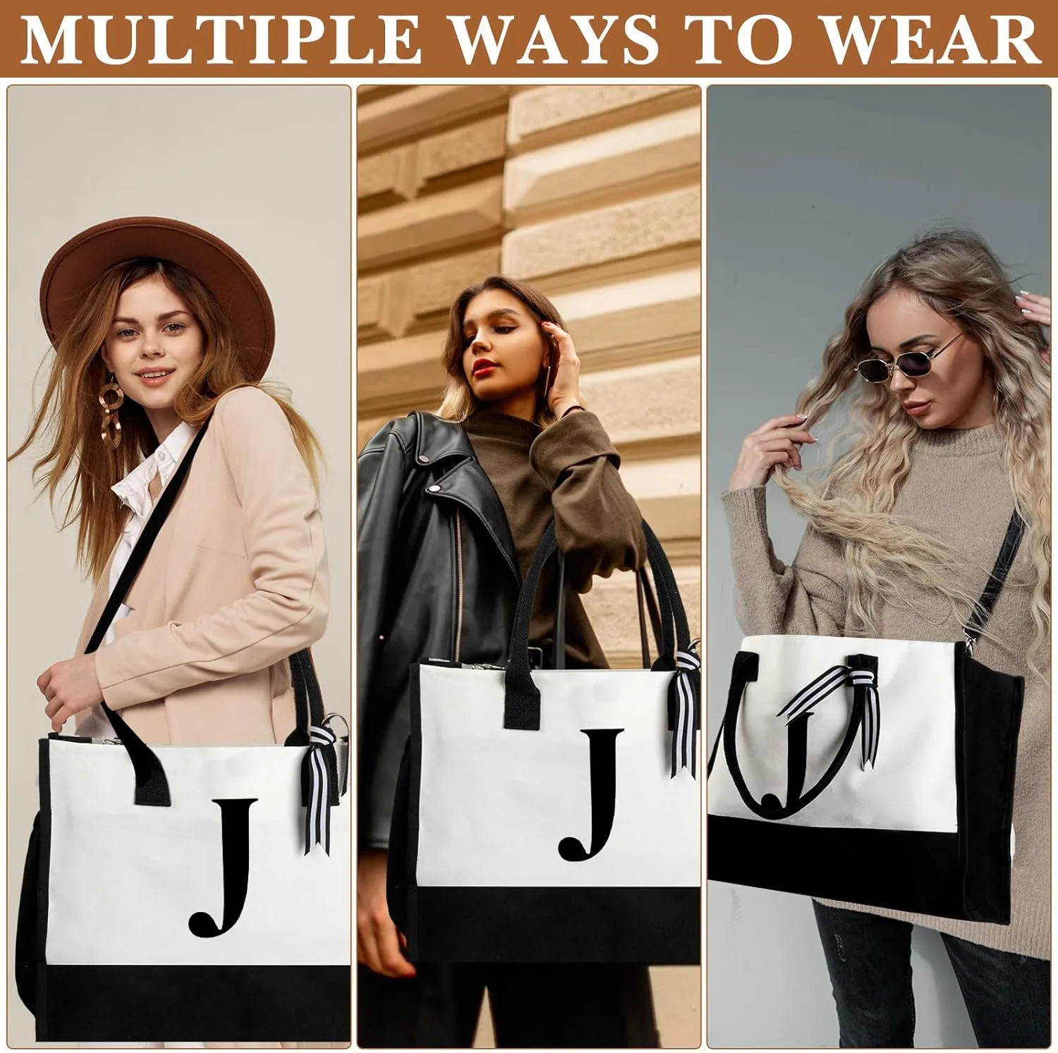 Aliceset Initial Gifts for Women Canvas Tote Bag Mother's Day Gift Shoulder Strap Pouch Makeup Bag Glass Cups for Employee(Letter J)