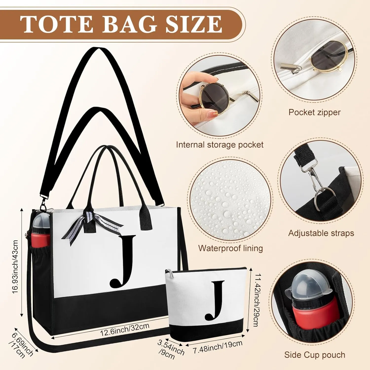 Aliceset Initial Gifts for Women Canvas Tote Bag Mother's Day Gift Shoulder Strap Pouch Makeup Bag Glass Cups for Employee(Letter J)