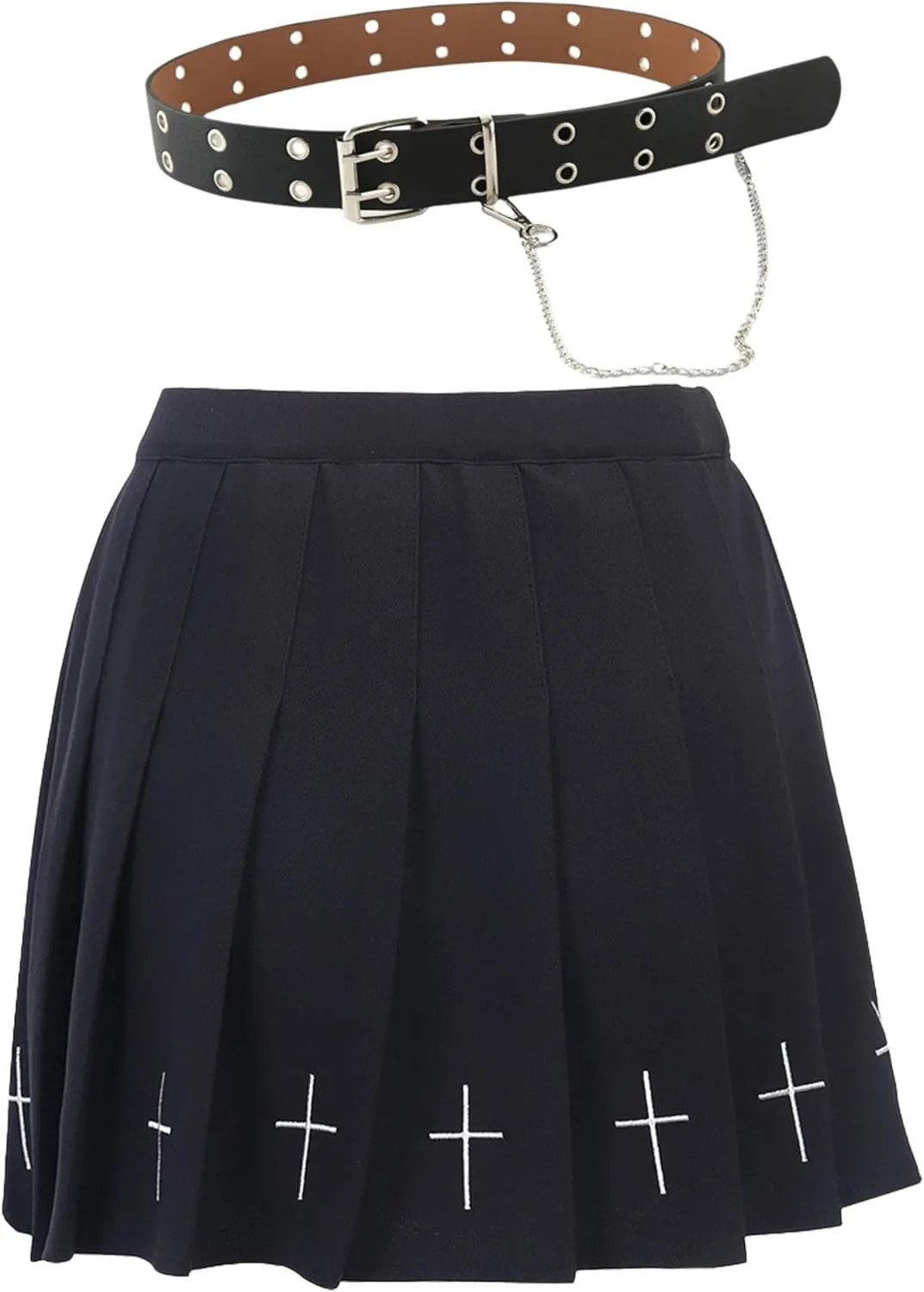 AULKEEP Womens Black Mini Pleated Skirts Goth High Waist A Line Punk Skirt School Uniform Short Skirts with Belt