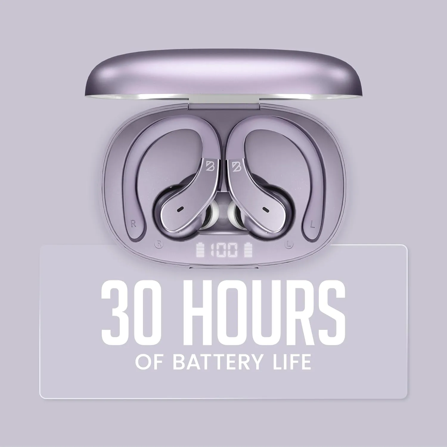 Back Bay Audio Runner 40 - Secure-Fit Wireless Earbuds, Running Bluetooth Earphones for Women and Men, Purple Deep Bass Wrap Around Earbuds for Small Ear Canals with EarHooks, Light Over The Ear Buds