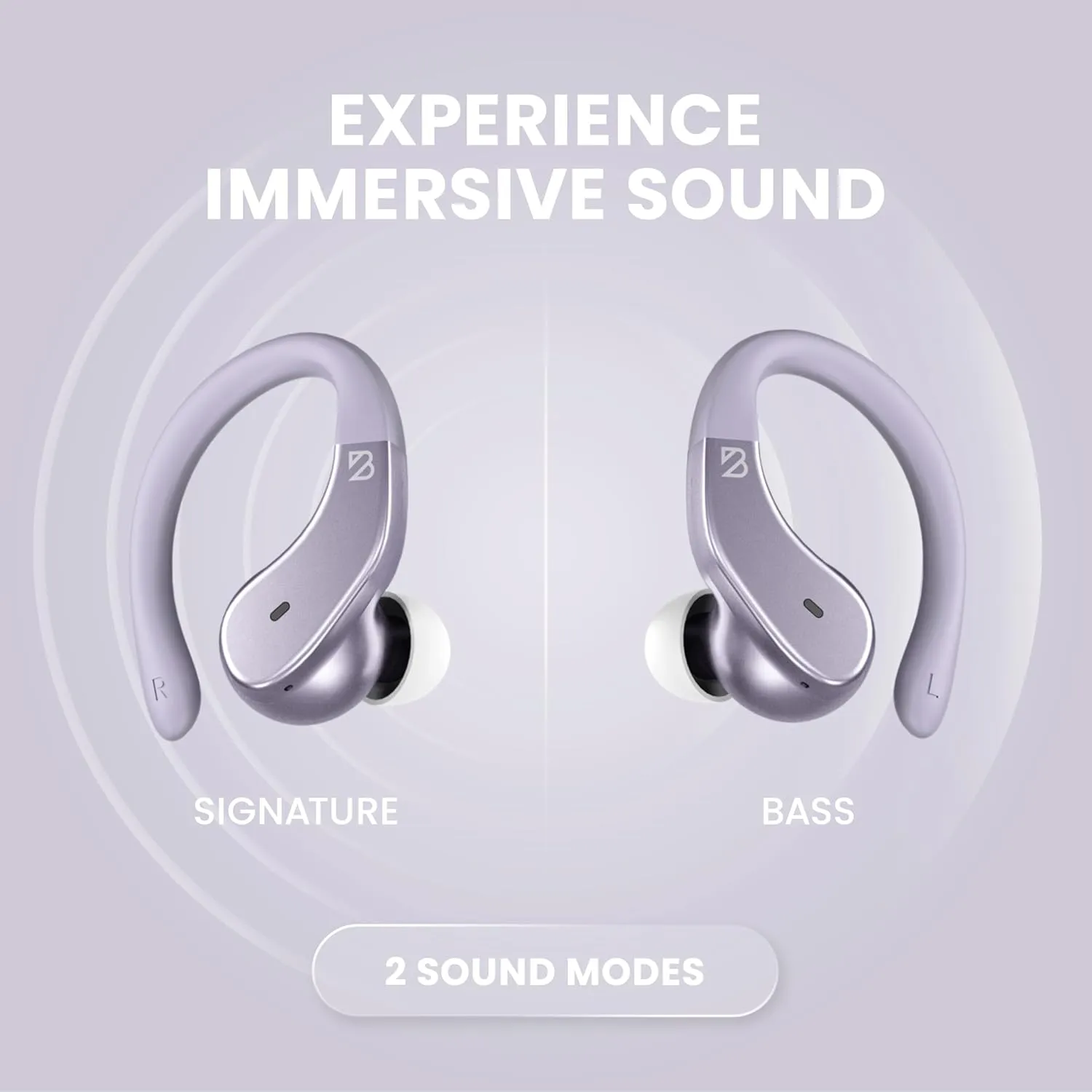 Back Bay Audio Runner 40 - Secure-Fit Wireless Earbuds, Running Bluetooth Earphones for Women and Men, Purple Deep Bass Wrap Around Earbuds for Small Ear Canals with EarHooks, Light Over The Ear Buds