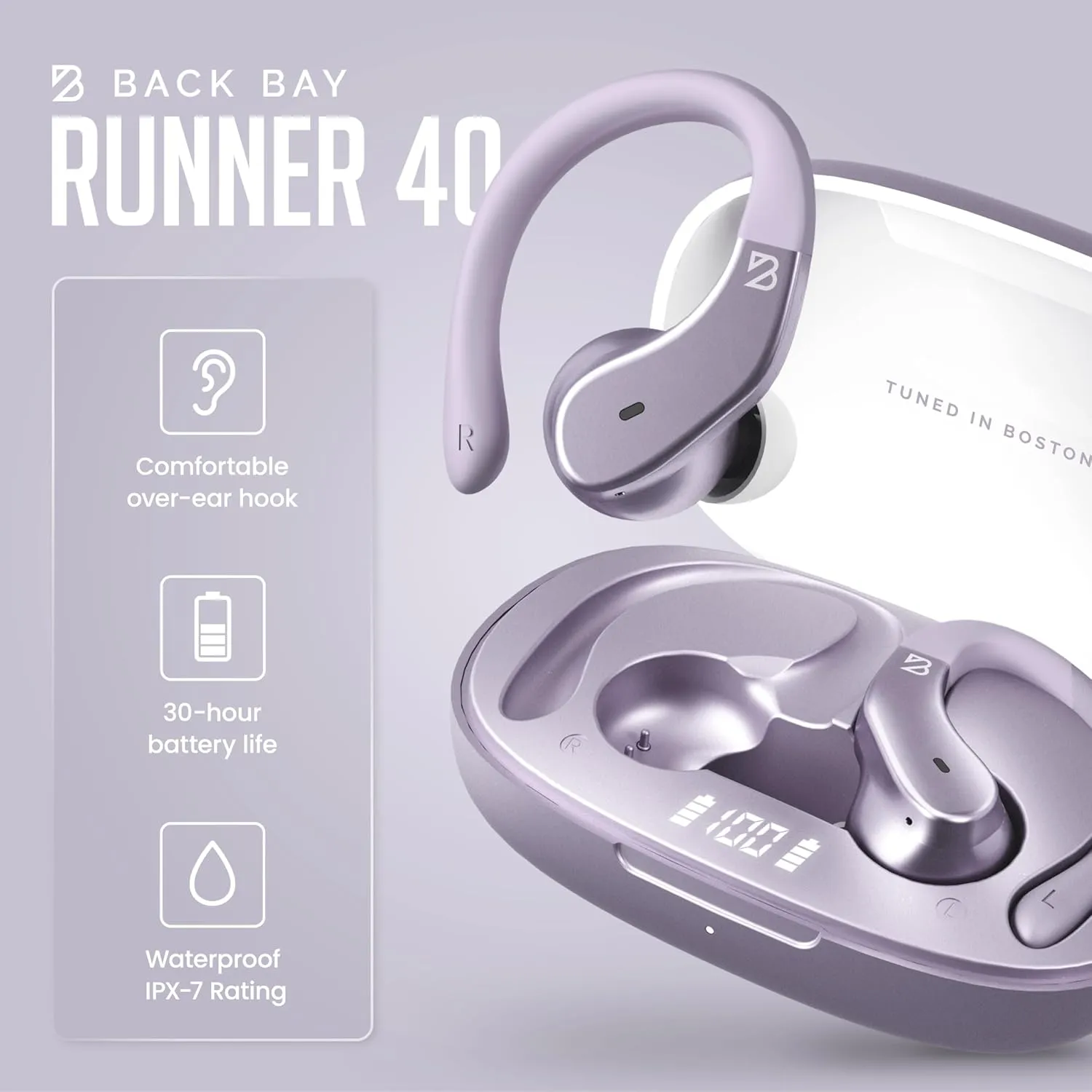 Back Bay Audio Runner 40 - Secure-Fit Wireless Earbuds, Running Bluetooth Earphones for Women and Men, Purple Deep Bass Wrap Around Earbuds for Small Ear Canals with EarHooks, Light Over The Ear Buds