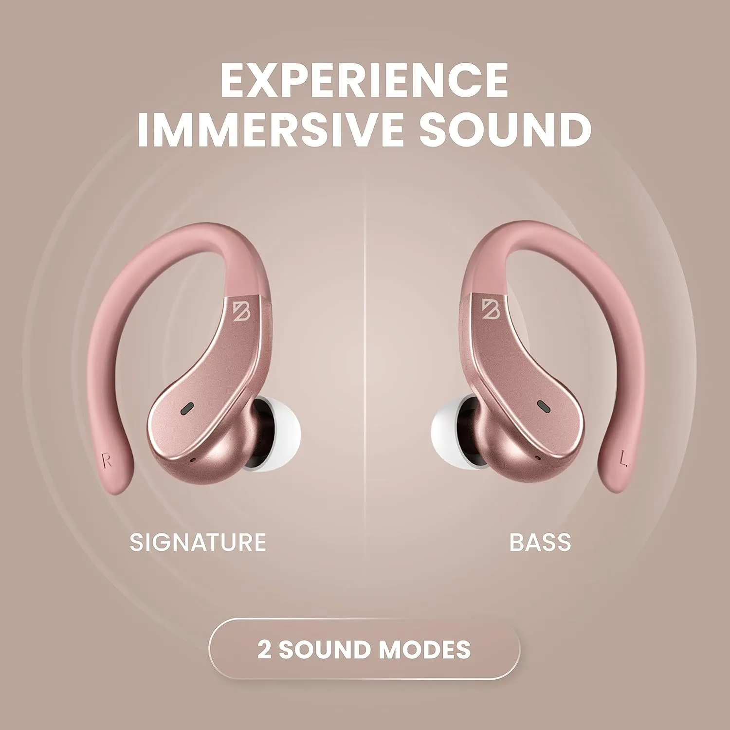 Back Bay Audio Runner 40 - Secure-Fit Wireless Earbuds, Running Bluetooth Earphones for Women, Rose Gold Deep Bass Wrap Around Earbuds for Small Ear Canals with EarHooks, Light Pink Over The Ear Buds