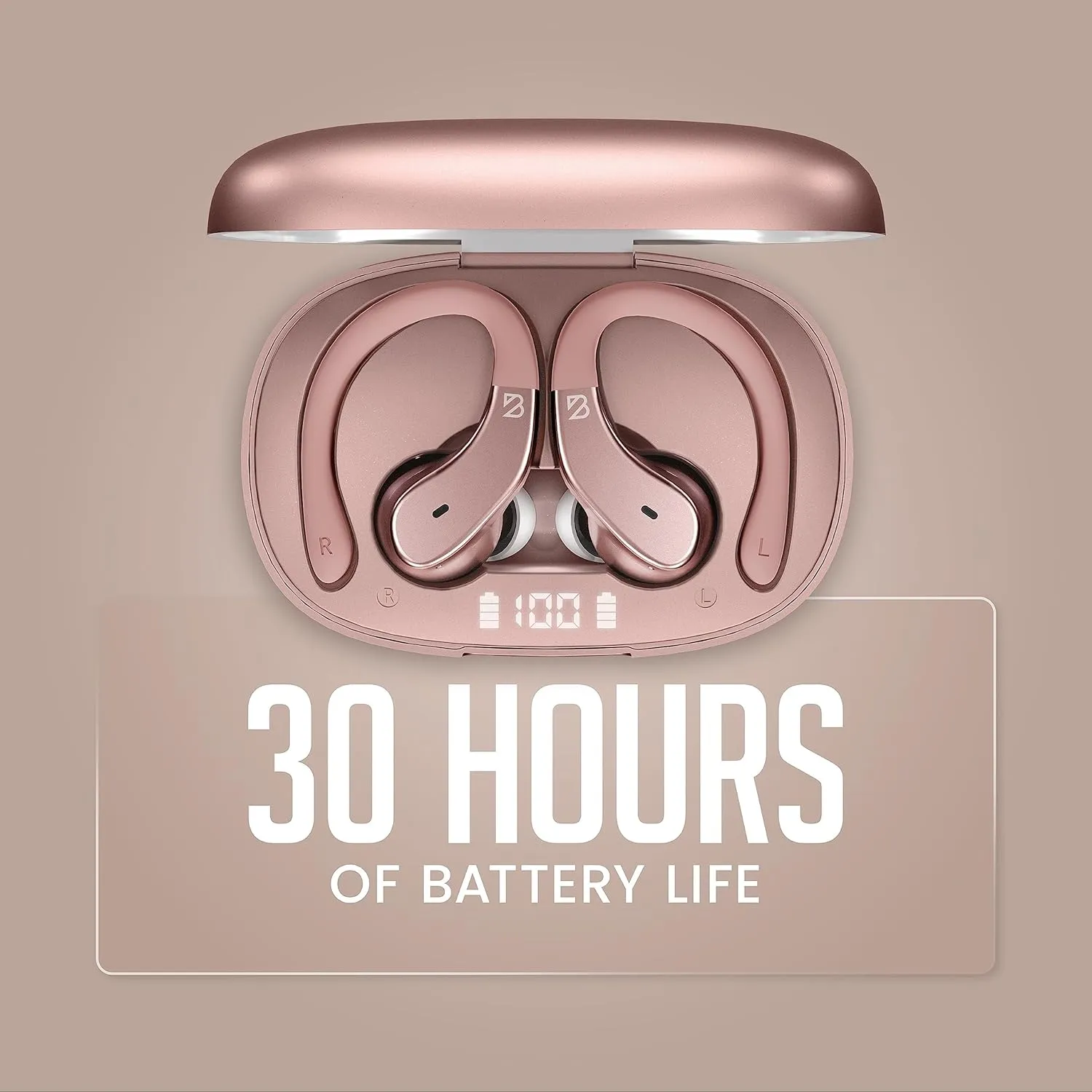 Back Bay Audio Runner 40 - Secure-Fit Wireless Earbuds, Running Bluetooth Earphones for Women, Rose Gold Deep Bass Wrap Around Earbuds for Small Ear Canals with EarHooks, Light Pink Over The Ear Buds