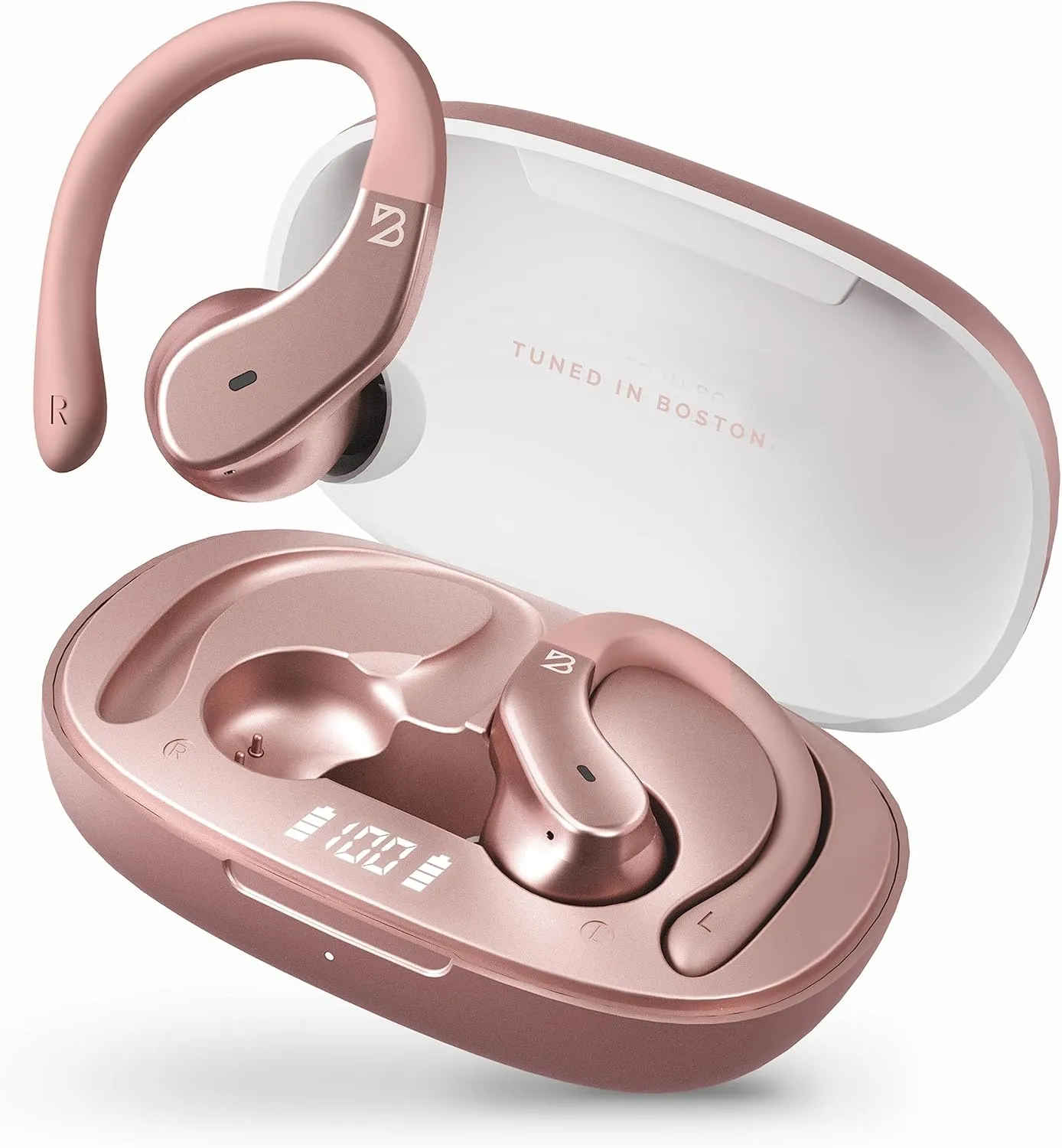 Back Bay Audio Runner 40 - Secure-Fit Wireless Earbuds, Running Bluetooth Earphones for Women, Rose Gold Deep Bass Wrap Around Earbuds for Small Ear Canals with EarHooks, Light Pink Over The Ear Buds