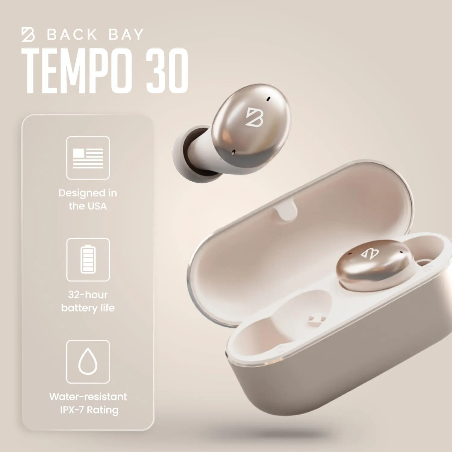 Back Bay Audio Tempo 30 Wireless Earbuds for Small Ears - Award-Winning Sound, Sweatproof Bluetooth Earbuds, Comfortable Ear Buds for Women, Gold Earphones Small Ear Canals, Long Battery Headphones