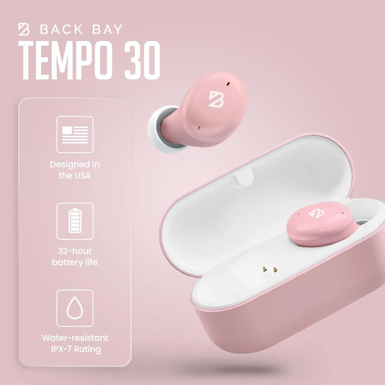 Back Bay Audio Tempo 30 Wireless Earbuds for Small Ears - Award-Winning Sound, Sweatproof Bluetooth Earbuds, Comfortable Ear Buds for Women, Pink Earphones Small Ear Canals, Long Battery Headphones