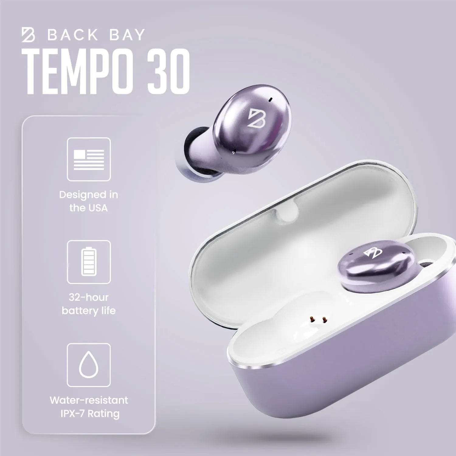 Back Bay Audio Tempo 30 Wireless Earbuds for Small Ears - Award-Winning Sound, Sweatproof Bluetooth Earbuds, Comfortable Ear Buds for Women, Purple Earphones Small Ear Canals, Long Battery Headphones