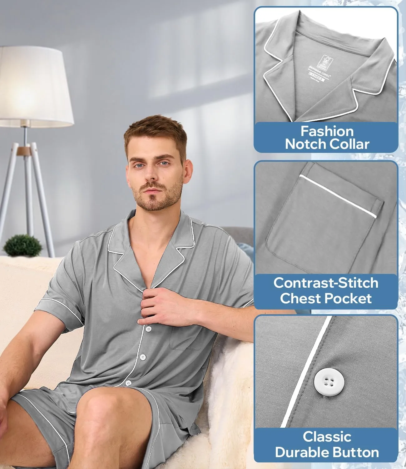 BAMBOO COOL Mens Pajama Set Summer Cooling Pjs Button Down Shirts Short Sleeves, Lightweight Loungewear Pijama with Pockets