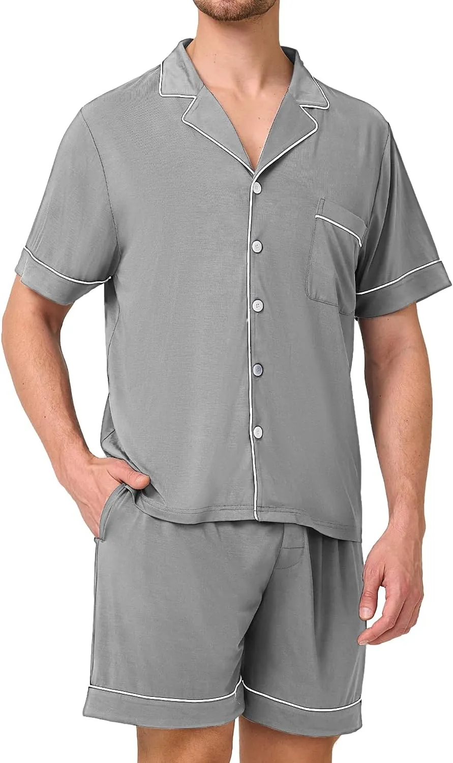BAMBOO COOL Mens Pajama Set Summer Cooling Pjs Button Down Shirts Short Sleeves, Lightweight Loungewear Pijama with Pockets