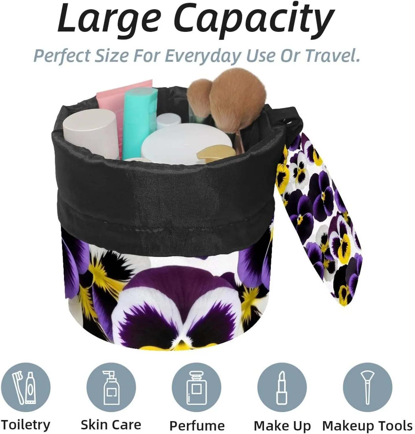 Barrel Drawstring Makeup Bag Large Cosmetic Bag Make up Bags Portable Toiletry Bag Organizer for Travel Toiletries Accessories - Pansies