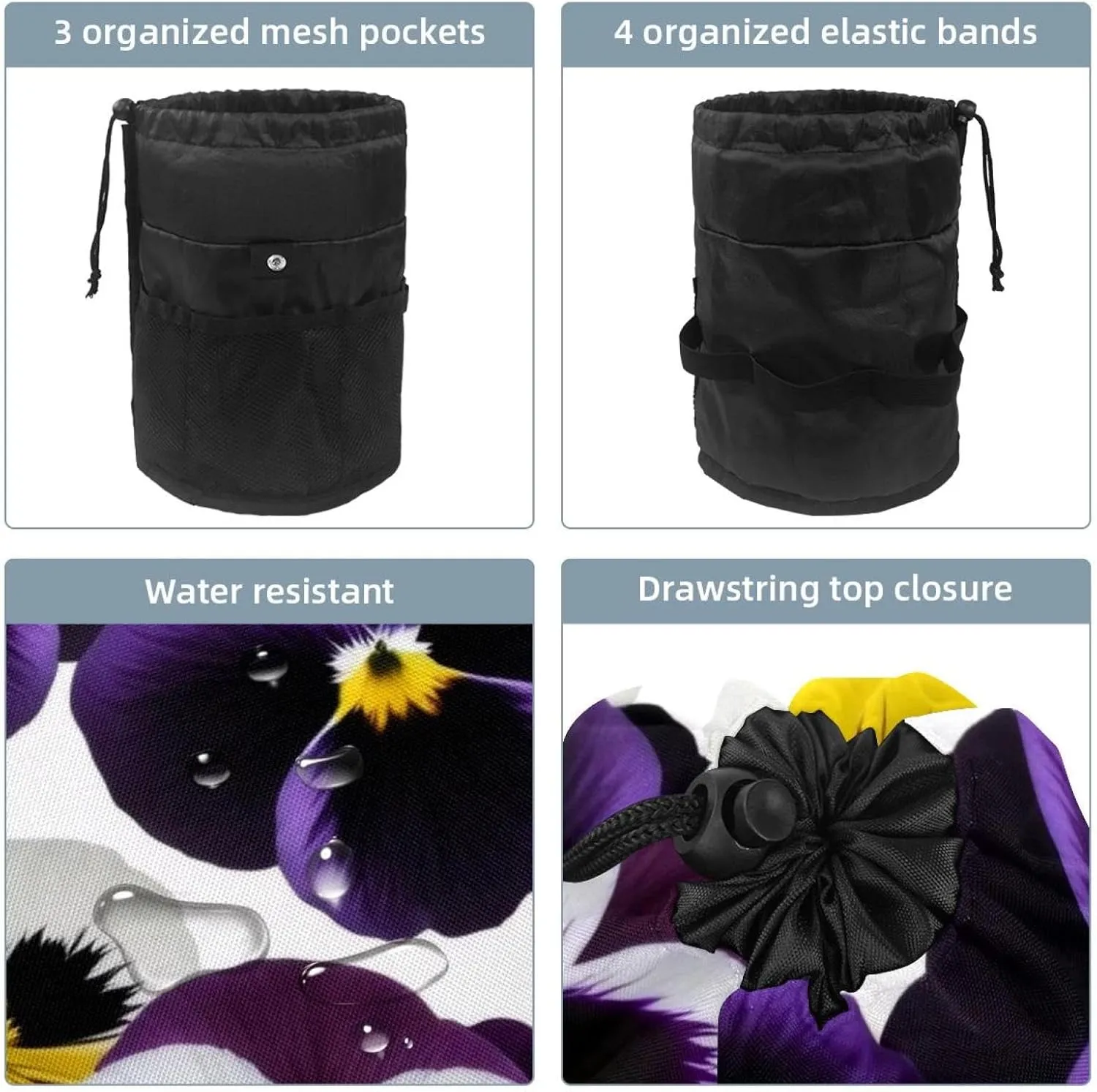 Barrel Drawstring Makeup Bag Large Cosmetic Bag Make up Bags Portable Toiletry Bag Organizer for Travel Toiletries Accessories - Pansies