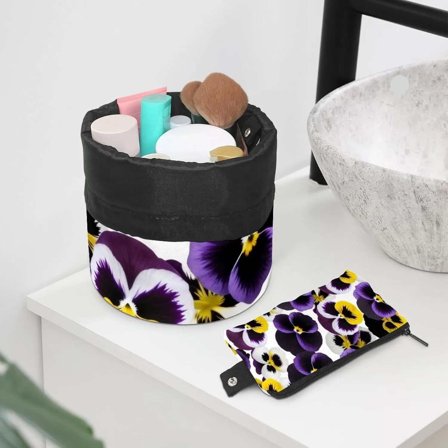 Barrel Drawstring Makeup Bag Large Cosmetic Bag Make up Bags Portable Toiletry Bag Organizer for Travel Toiletries Accessories - Pansies