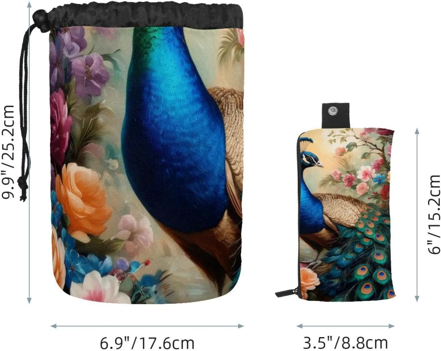 Barrel Drawstring Makeup Bag Large Cosmetic Bag Make up Bags Portable Toiletry Bag Organizer for Travel Toiletries Accessories - Peacock Flowers