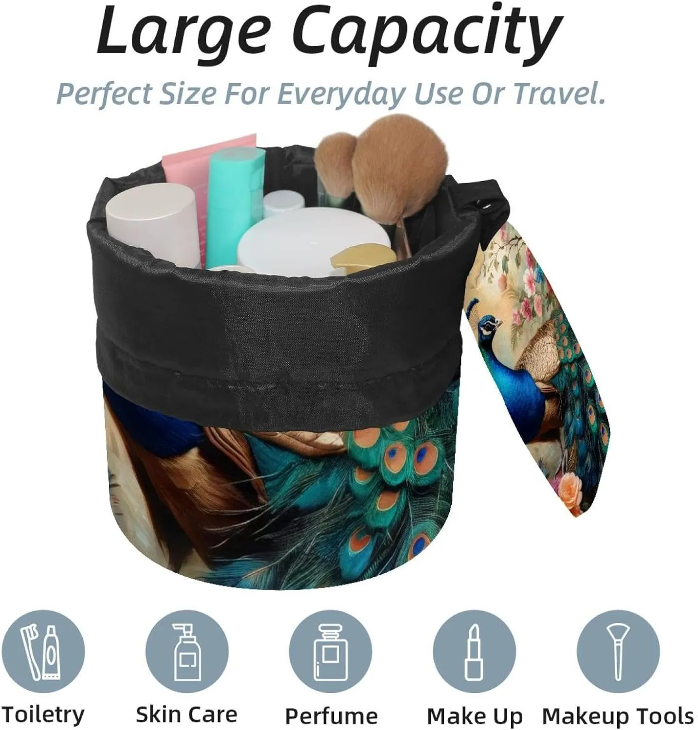 Barrel Drawstring Makeup Bag Large Cosmetic Bag Make up Bags Portable Toiletry Bag Organizer for Travel Toiletries Accessories - Peacock Flowers