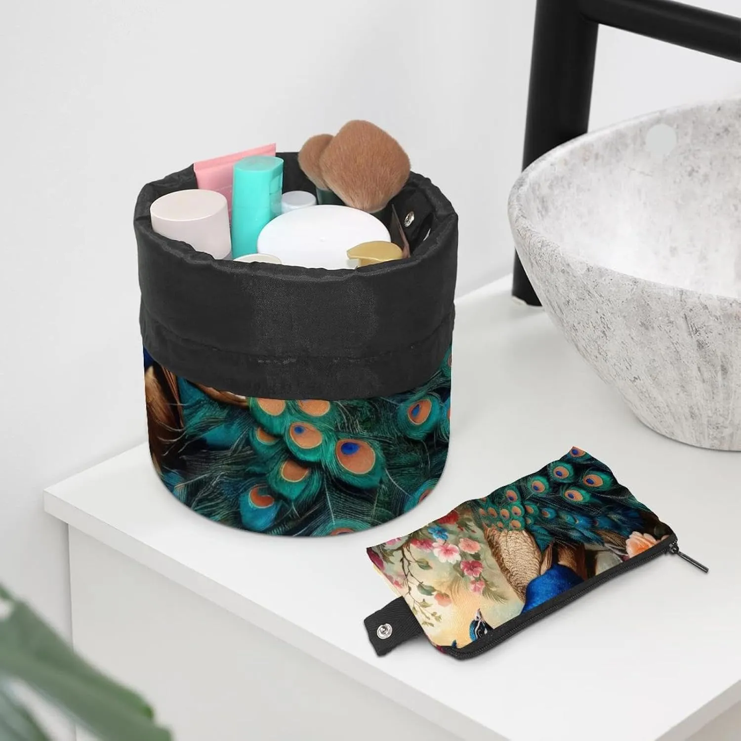 Barrel Drawstring Makeup Bag Large Cosmetic Bag Make up Bags Portable Toiletry Bag Organizer for Travel Toiletries Accessories - Peacock Flowers